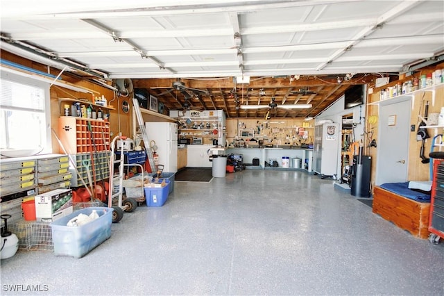 garage with a workshop area