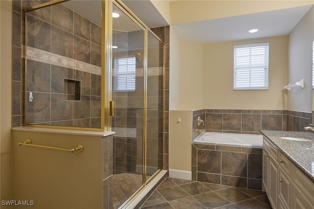 full bathroom featuring a bath, recessed lighting, vanity, tile patterned flooring, and a stall shower