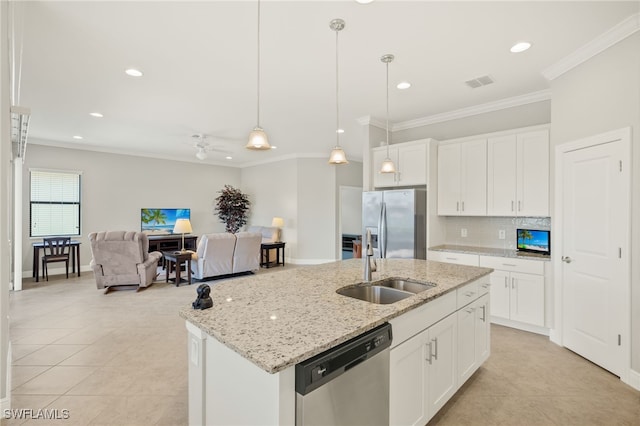 1408 Lucena Ln S, Naples, FL 34113 - kitchen with visible vents, ornamental molding, stainless steel appliances, and a sink