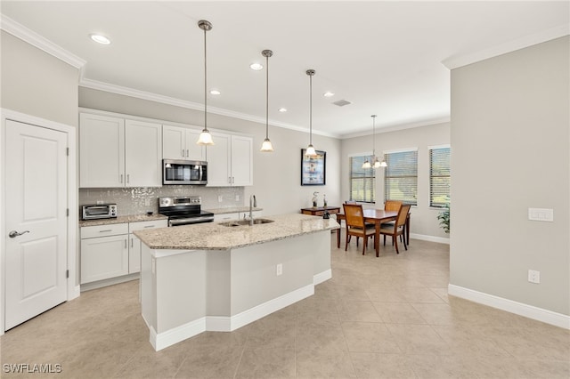1408 Lucena Ln S, Naples, FL 34113 - kitchen with white cabinets, stainless steel appliances, backsplash, a sink, and crown molding