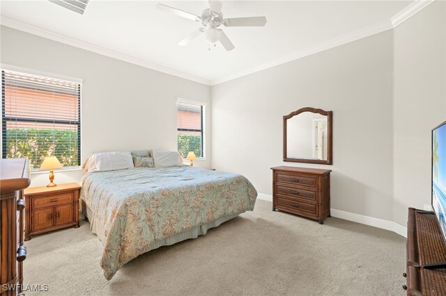 1408 Lucena Ln S, Naples, FL 34113 - bedroom featuring visible vents, crown molding, baseboards, light colored carpet, and ceiling fan
