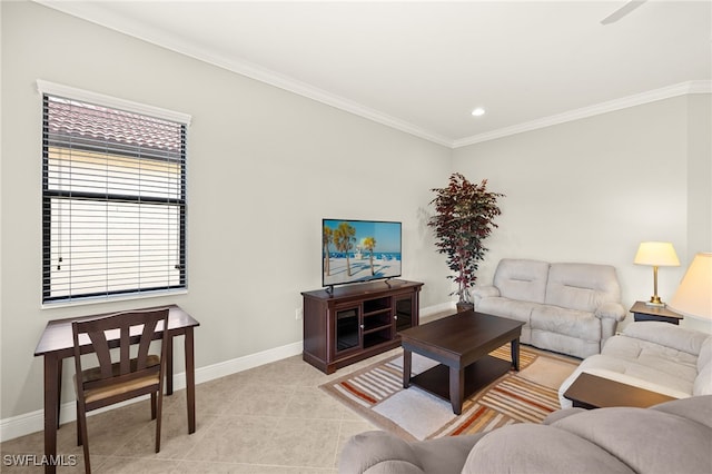 1408 Lucena Ln S, Naples, FL 34113 - living room featuring recessed lighting, crown molding, baseboards, and light tile patterned floors
