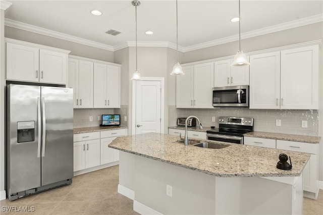 1408 Lucena Ln S, Naples, FL 34113 - kitchen with backsplash, visible vents, a sink, appliances with stainless steel finishes, and white cabinetry