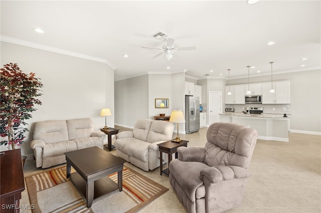 1408 Lucena Ln S, Naples, FL 34113 - living area featuring ornamental molding, visible vents, recessed lighting, and ceiling fan