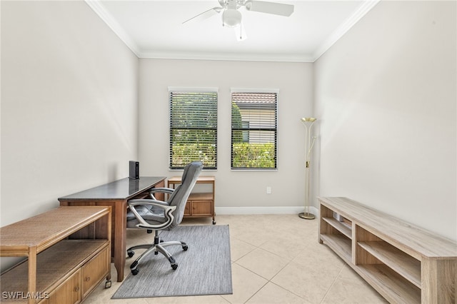 1408 Lucena Ln S, Naples, FL 34113 - office area featuring a ceiling fan, baseboards, light tile patterned floors, and crown molding