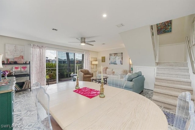 dining room with recessed lighting, stairs, visible vents, and a ceiling fan