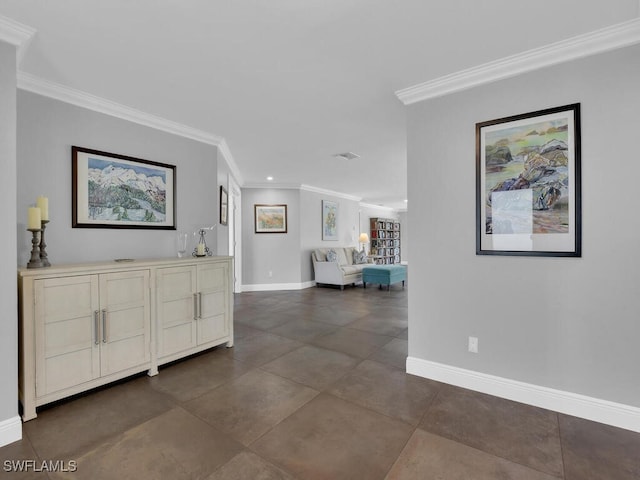 hallway with crown molding, recessed lighting, and baseboards