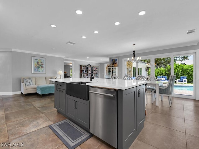 kitchen featuring ornamental molding, stainless steel dishwasher, recessed lighting, and open floor plan