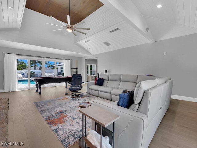 living room with wood ceiling, ceiling fan, vaulted ceiling, wood finished floors, and recessed lighting