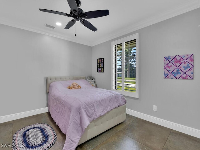 bedroom featuring a ceiling fan, baseboards, recessed lighting, visible vents, and ornamental molding