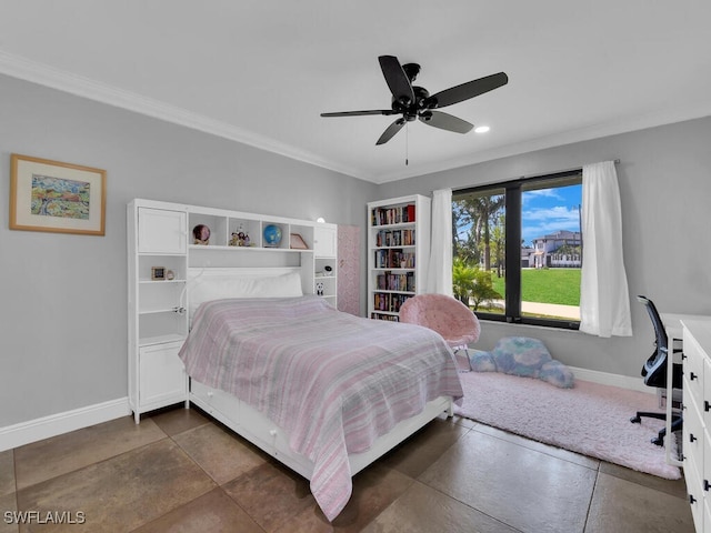 bedroom featuring crown molding, baseboards, and ceiling fan