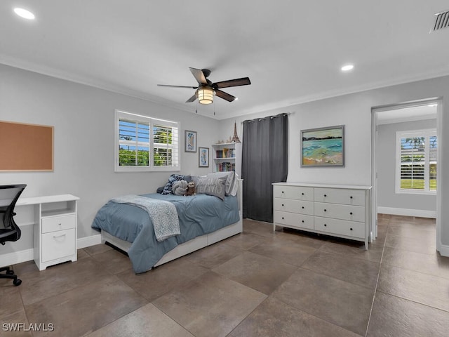 bedroom with crown molding, recessed lighting, baseboards, and multiple windows