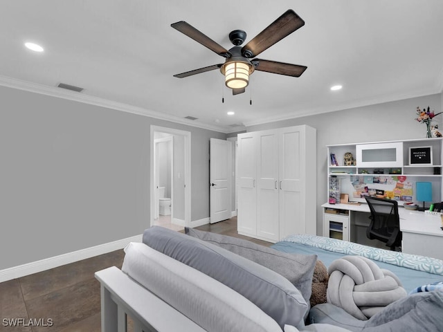 bedroom featuring recessed lighting, visible vents, ornamental molding, and built in study area