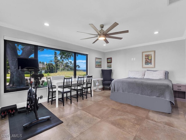 bedroom featuring a ceiling fan, visible vents, baseboards, ornamental molding, and recessed lighting