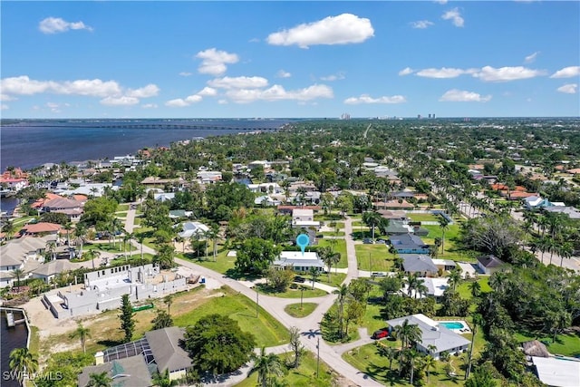 aerial view with a water view and a residential view