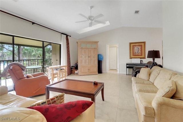 3207 Horse Carriage Way Unit 406, Naples, FL 34105 - living room with visible vents, lofted ceiling, and a ceiling fan