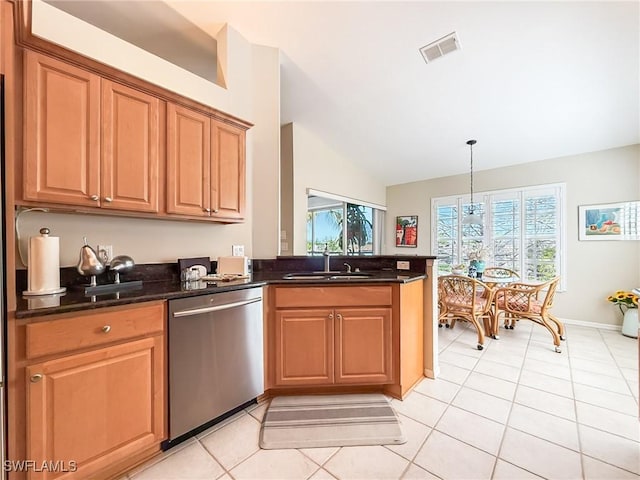 14641 Glen Cove Dr Unit 1704, Fort Myers, FL 33919 - kitchen featuring lofted ceiling, light tile patterned floors, a sink, visible vents, and dishwasher