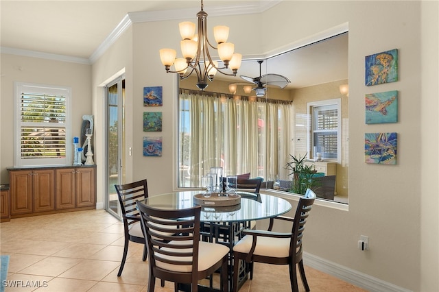 dining area featuring crown molding, light tile patterned floors, a notable chandelier, and a healthy amount of sunlight