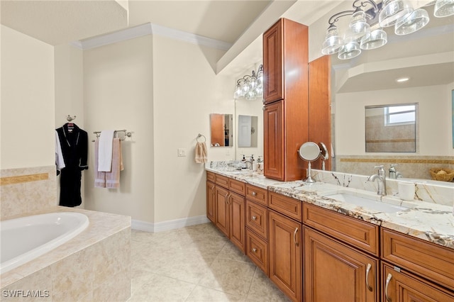 full bathroom with tiled tub, double vanity, a sink, and tile patterned flooring