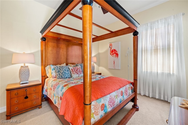 bedroom with light carpet