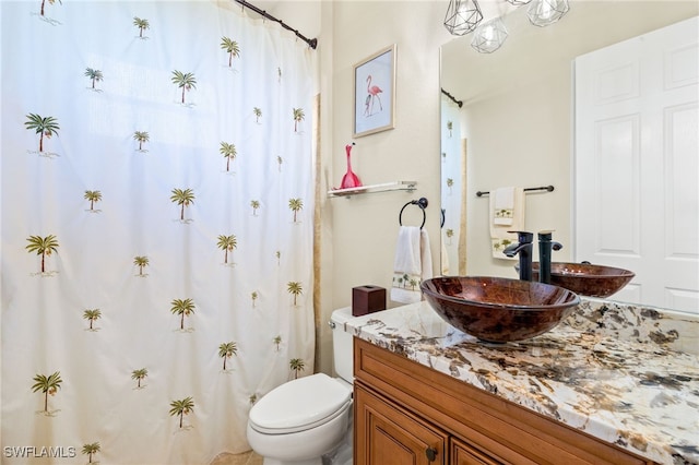 full bathroom with toilet, curtained shower, and vanity