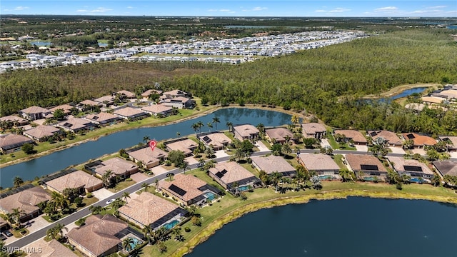 aerial view featuring a water view and a residential view