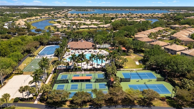 bird's eye view with a water view