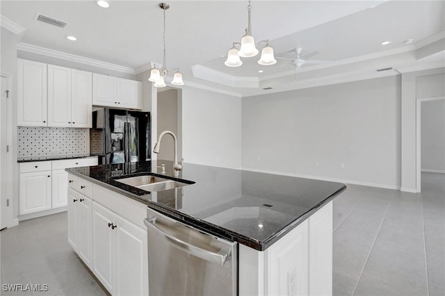kitchen with visible vents, stainless steel dishwasher, ornamental molding, a sink, and black fridge with ice dispenser