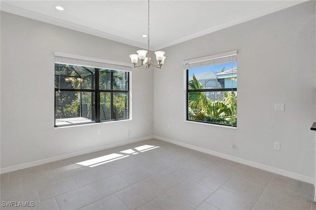 2967 Amblewind Dr, Fort Myers, FL 33905 - spare room with healthy amount of natural light, a chandelier, light tile patterned floors, ornamental molding, and recessed lighting