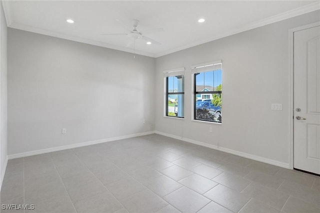 unfurnished room featuring crown molding, light tile patterned floors, ceiling fan, baseboards, and recessed lighting