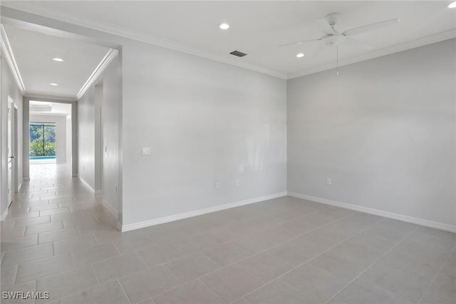 2967 Amblewind Dr, Fort Myers, FL 33905 - empty room featuring crown molding, a ceiling fan, recessed lighting, light tile patterned floors, and baseboards