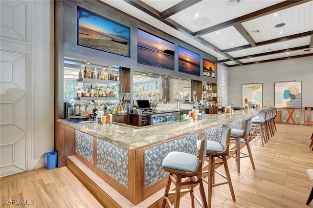 2967 Amblewind Dr, Fort Myers, FL 33905 - community bar area featuring wood finished floors, beam ceiling, recessed lighting, and coffered ceiling
