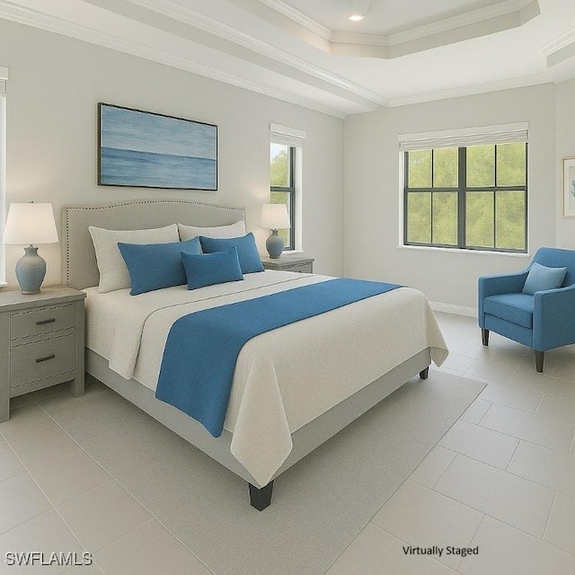 2967 Amblewind Dr, Fort Myers, FL 33905 - bedroom with a raised ceiling, crown molding, light tile patterned flooring, recessed lighting, and baseboards