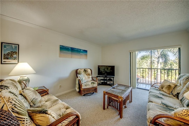 carpeted living area with ornamental molding, baseboards, and a textured ceiling
