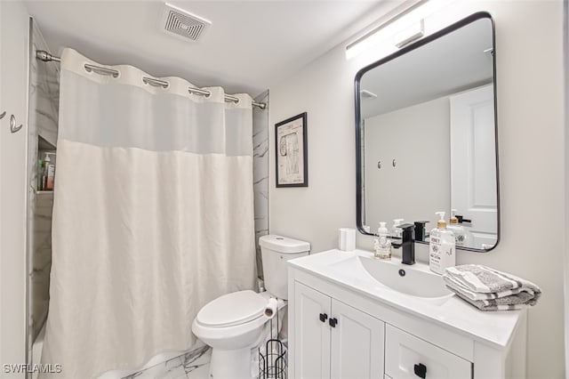 12130 Kelly Greens Blvd Unit 94, Fort Myers, FL 33908 - bathroom with toilet, marble finish floor, visible vents, vanity, and shower / bathtub combination with curtain