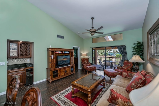 12090 Kelly Greens Blvd Unit 119, Fort Myers, FL 33908 - living room with baseboards, wood finish floors, a ceiling fan, visible vents, and high vaulted ceiling