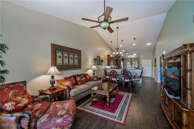 12090 Kelly Greens Blvd Unit 119, Fort Myers, FL 33908 - living area featuring high vaulted ceiling, ceiling fan with notable chandelier, and wood finished floors