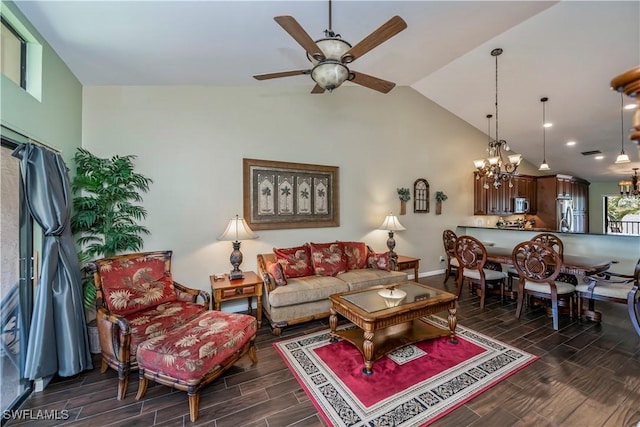 12090 Kelly Greens Blvd Unit 119, Fort Myers, FL 33908 - living area featuring baseboards, wood finish floors, vaulted ceiling, and ceiling fan with notable chandelier