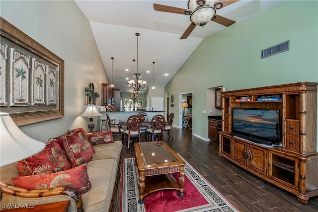 12090 Kelly Greens Blvd Unit 119, Fort Myers, FL 33908 - living area featuring baseboards, visible vents, dark wood finished floors, high vaulted ceiling, and ceiling fan with notable chandelier