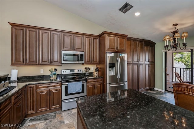 12090 Kelly Greens Blvd Unit 119, Fort Myers, FL 33908 - kitchen with appliances with stainless steel finishes, stone finish floor, a notable chandelier, and visible vents