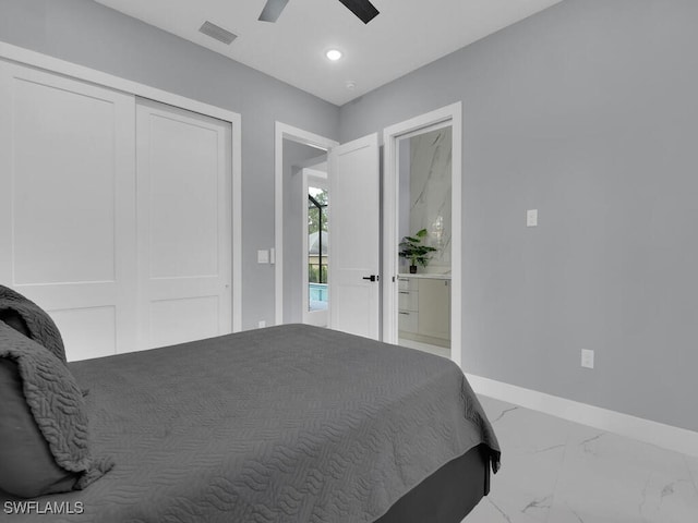 bedroom with visible vents, baseboards, a ceiling fan, recessed lighting, and marble finish floor