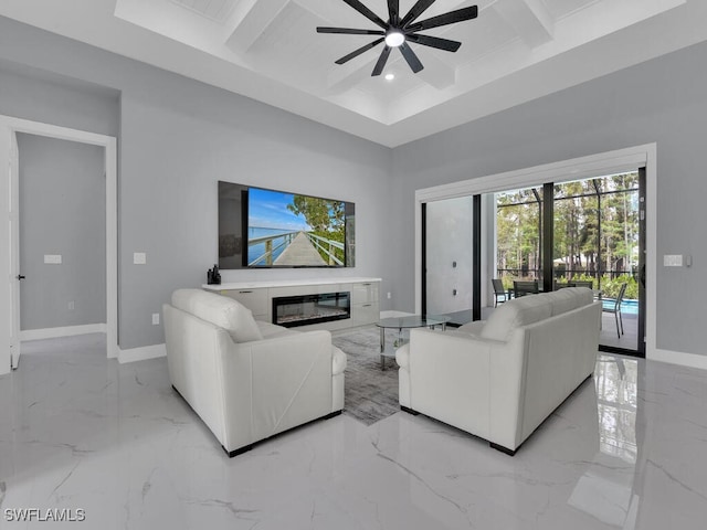 living room with recessed lighting, baseboards, coffered ceiling, and ceiling fan