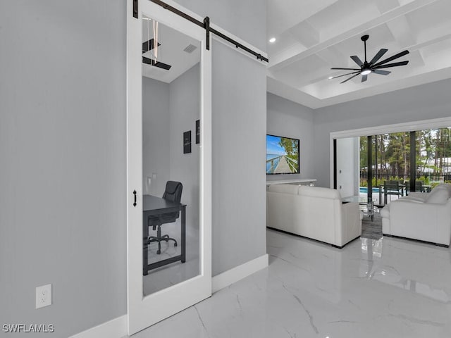 hallway featuring baseboards, a barn door, beam ceiling, marble finish floor, and coffered ceiling