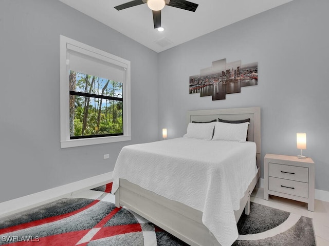 bedroom featuring visible vents, baseboards, and a ceiling fan