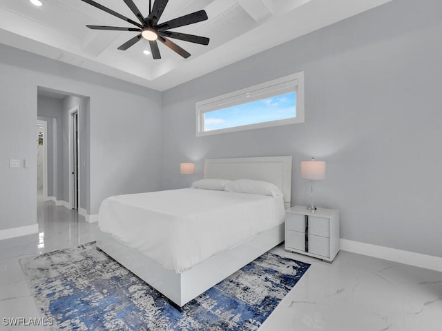 bedroom with recessed lighting, marble finish floor, baseboards, and a ceiling fan