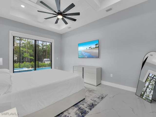 bedroom with visible vents, baseboards, ceiling fan, recessed lighting, and marble finish floor