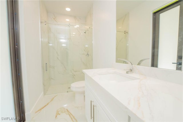 1603 E 5th St, Lehigh Acres, FL 33972 - full bathroom featuring toilet, a marble finish shower, vanity, marble finish floors, and recessed lighting