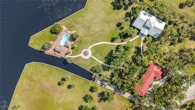 drone / aerial view with a water view