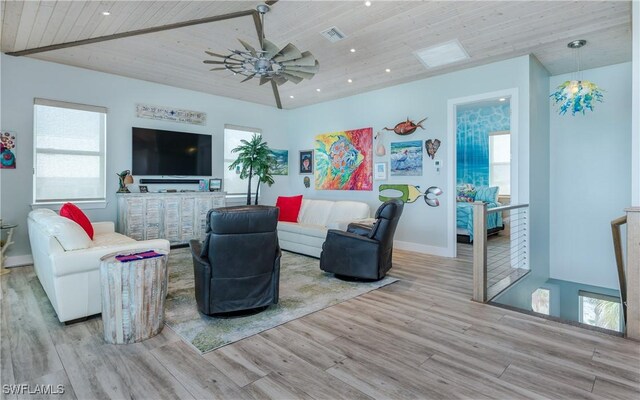 4620 Oro Pesos Ln, Upper Captiva, FL 33924 - living room with wood finished floors, healthy amount of natural light, wooden ceiling, baseboards, and a ceiling fan