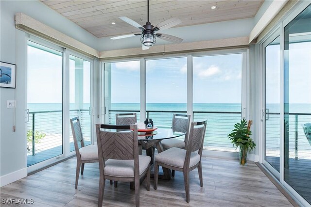 4620 Oro Pesos Ln, Upper Captiva, FL 33924 - sunroom with wood ceiling, a water view, wood finished floors, recessed lighting, and baseboards